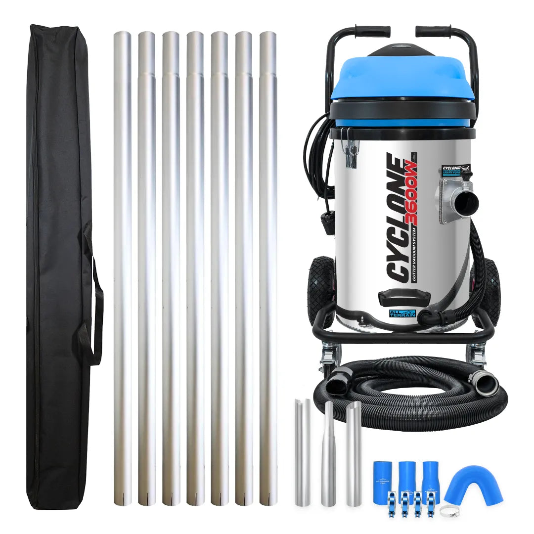 Cyclone II 3600W Stainless Steel 20 Gallon Gutter Vacuum with 28 Foot Aluminum Poles and Bag