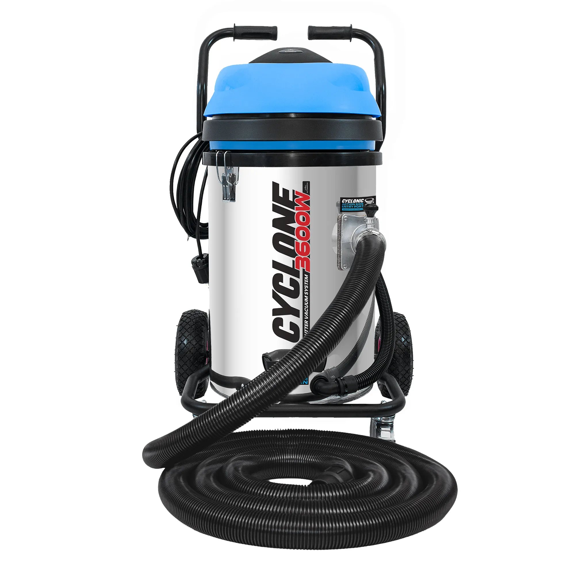 3600W CYCLONE 3 motor gutter vacuum with a blue lid and hi-flex PVC hose for commercial gutter cleaning.