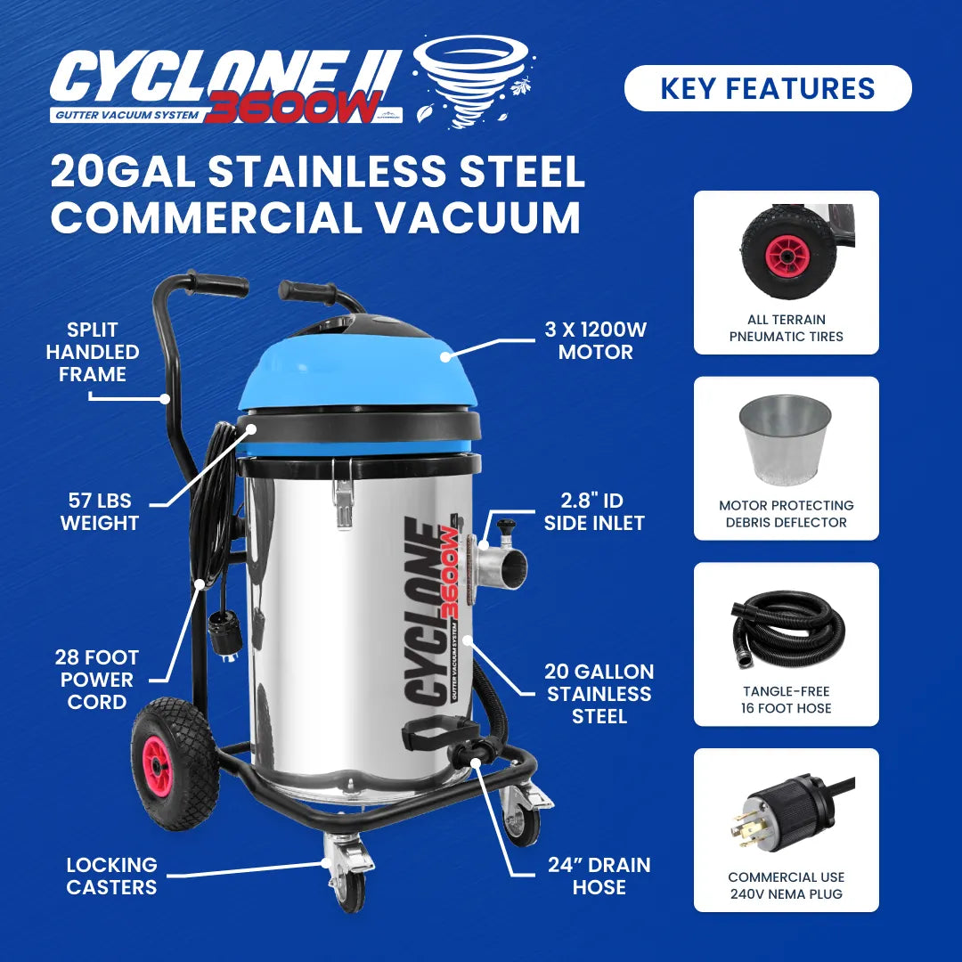 Cyclone II 3600W Stainless Steel 20 Gallon Gutter Vacuum with 40 Foot Carbon Fiber Clamping Poles and Bag