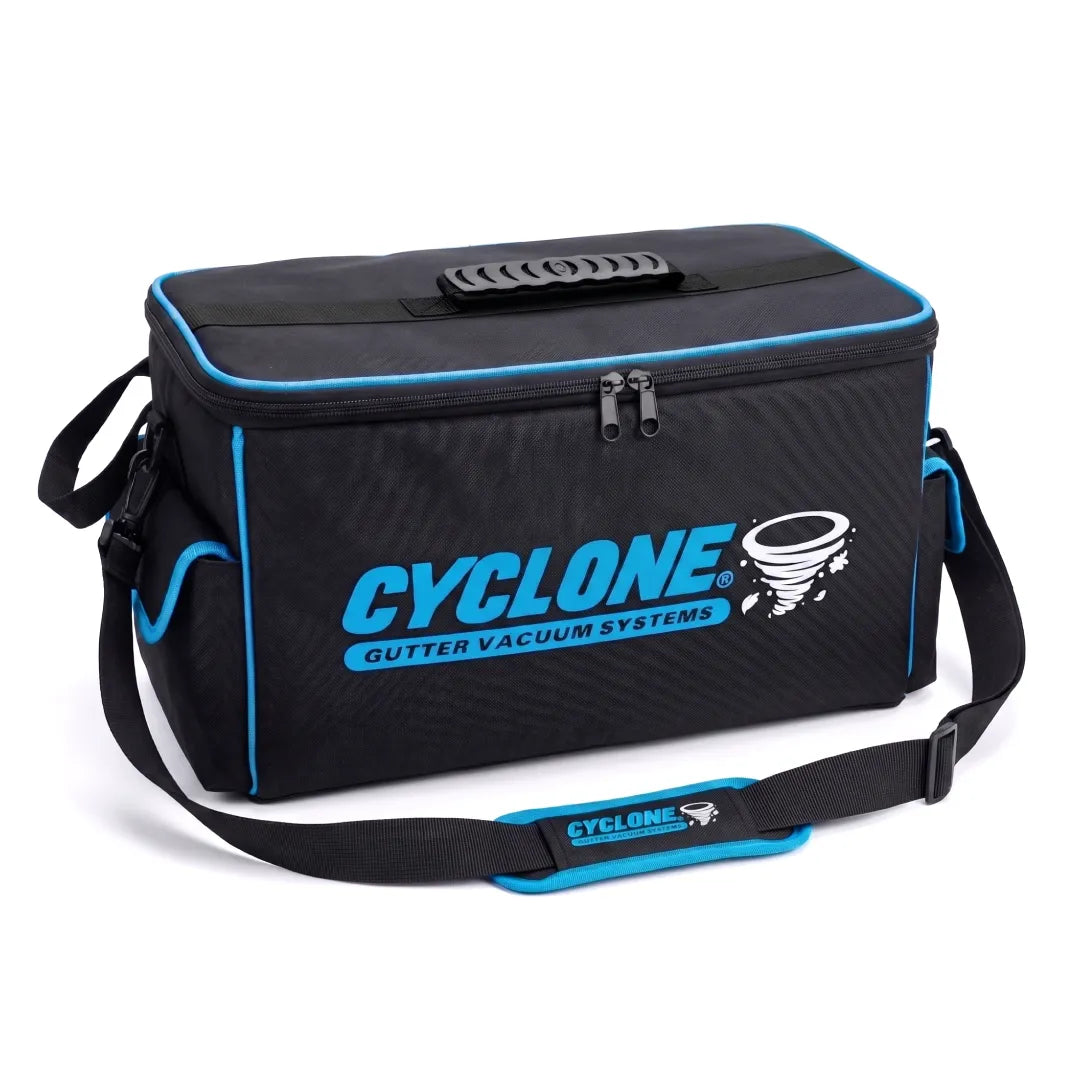 Cyclone Gutter Vacuum Systems cart bag in black with blue trim, padded shoulder strap and front logo