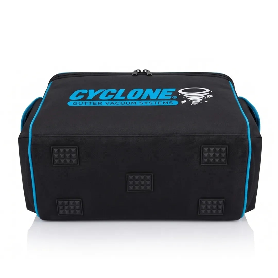 Cyclone Gutter Vacuum Systems cart bag showing blue logo, zipper lid and protective rubber feet