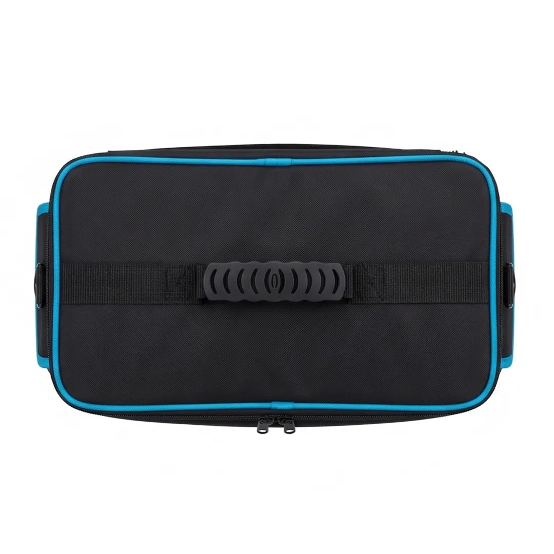 Cyclone gutter vacuum cart bag top view in black with blue trim and central rubber grip carry handle