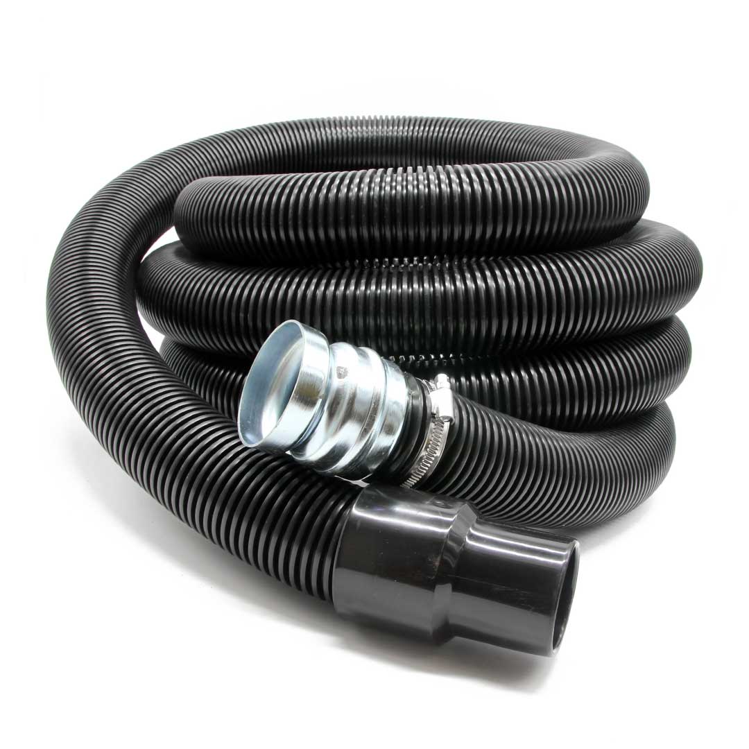 Coiled 32-foot Cyclone gutter vacuum hose with corrugated design, metal inlet, and plastic cuff
