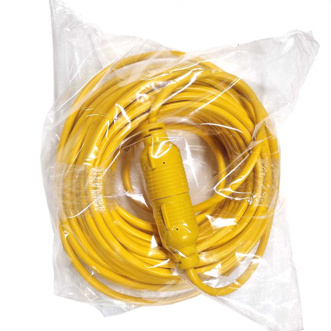 Yellow coiled extension cord with barrel-style twist-lock connector, wrapped in clear plastic packaging