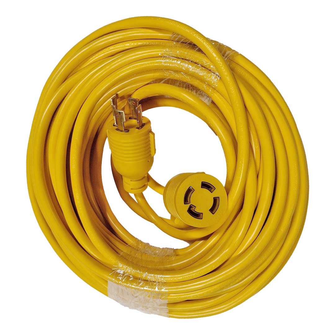 Coiled 100-foot yellow extension cord with NEMA 4-prong twist-lock plugs on both ends