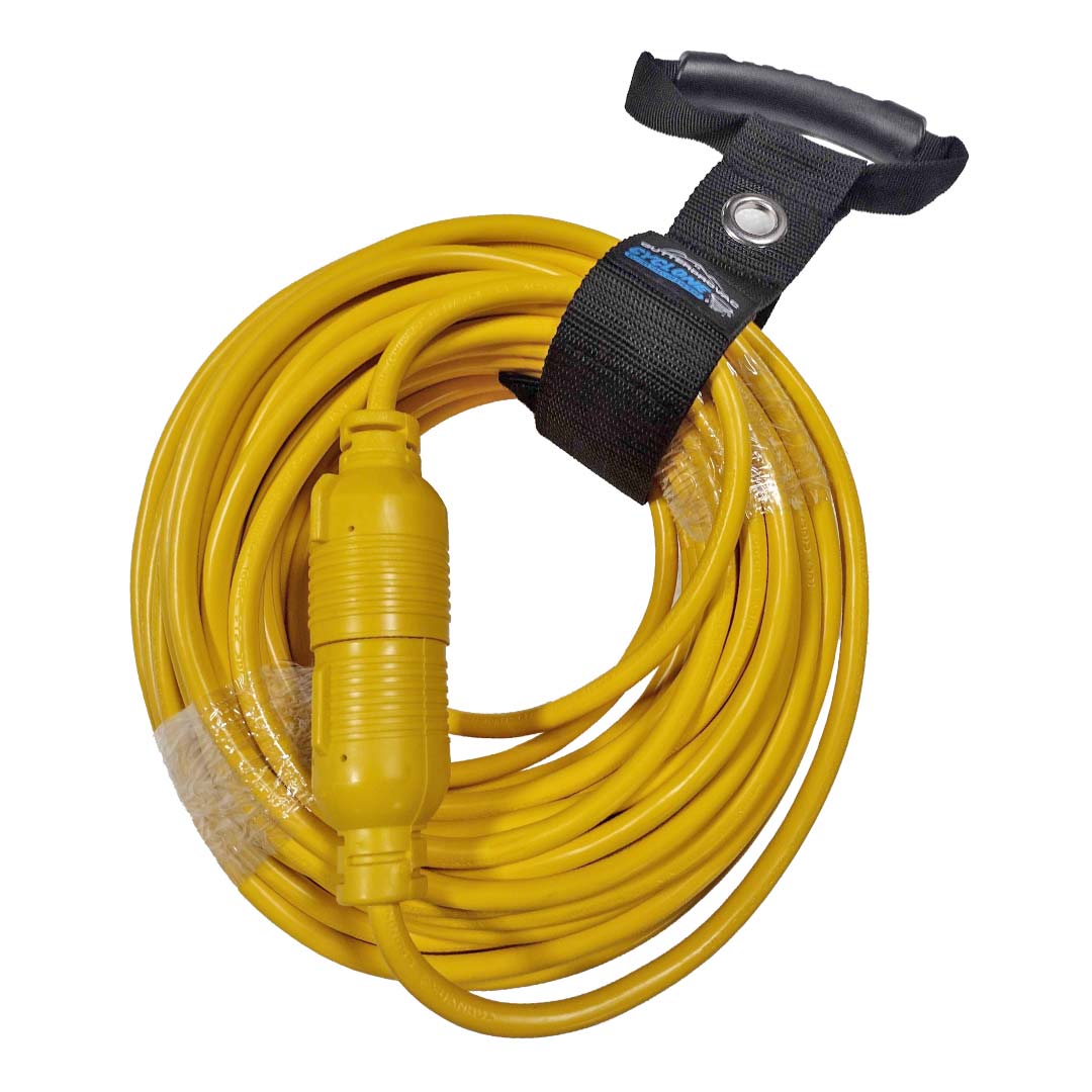 Coiled yellow inline extension cord secured with cable organizer strap with black handle