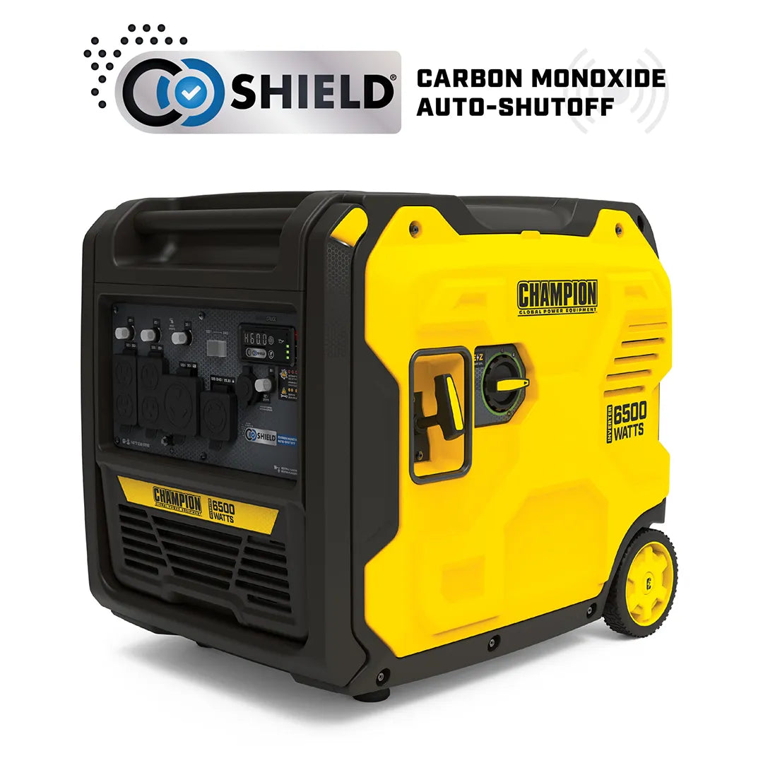 Angled view of the 6500w gas powered inverter generator featuring a graphic highlighting the CO Shield Carbon Monoxide Auto-Shutoff technology.