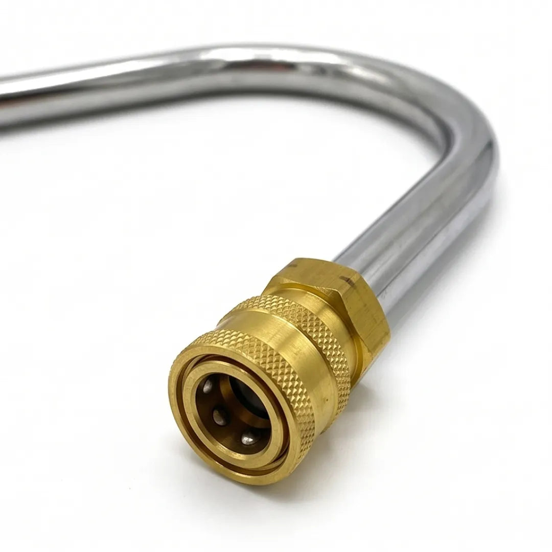 30" U-Bend Gutter Cleaning Attachment for Pressure Washers - 1/4" Quick Connect, close-up of brass quick-connect coupler beside the curved tube
