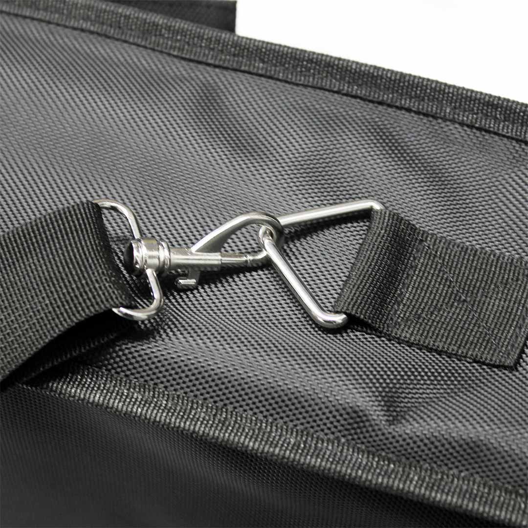 Close-up of swivel hook attaching shoulder strap to GutterProVac carry bag loop