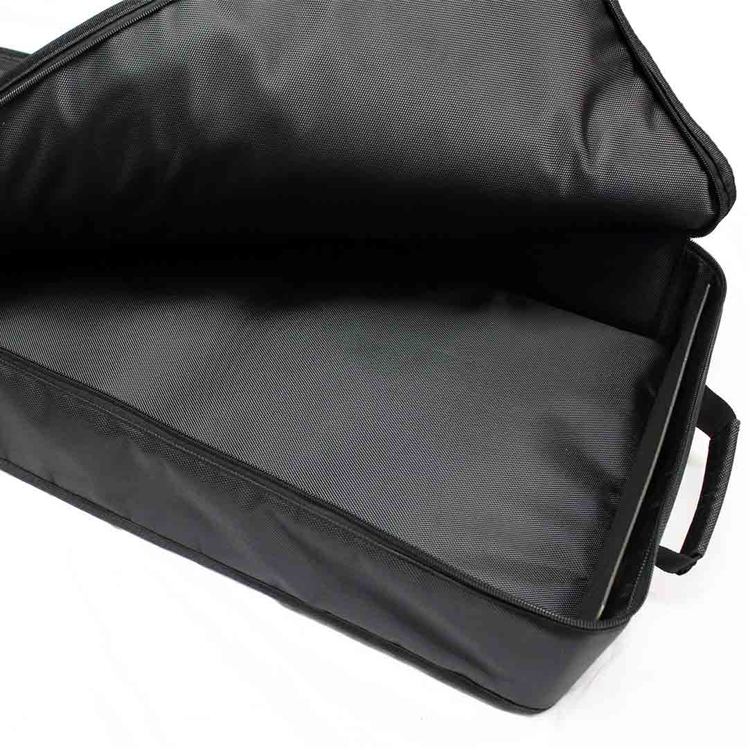 Open view of GutterProVac carry bag showing padded interior compartment