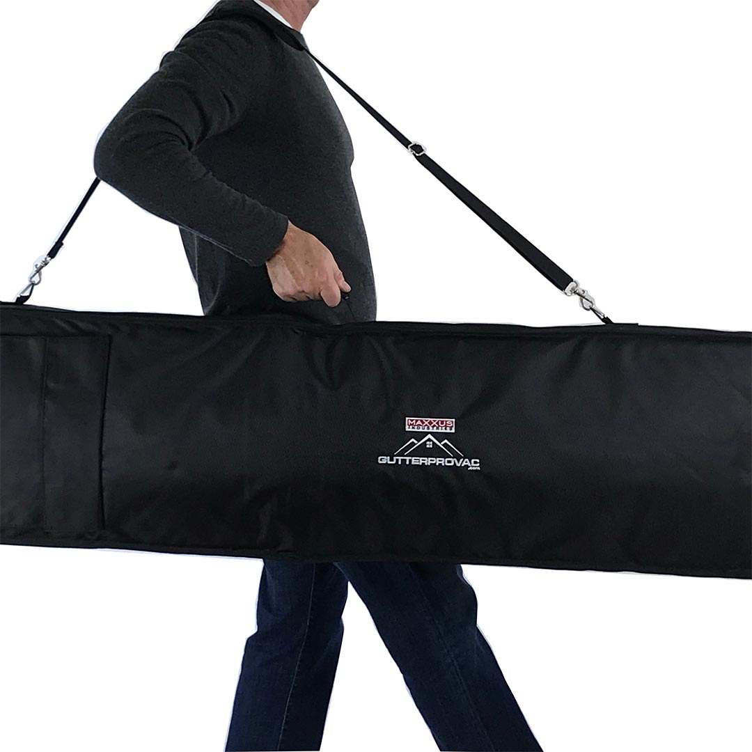 Person carrying GutterProVac pole bag with adjustable shoulder strap