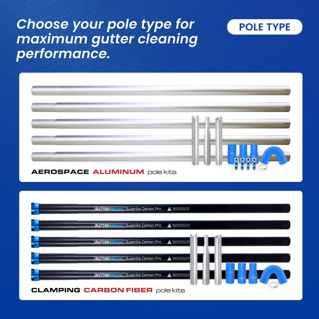 Aluminum and Carbon gutter cleaning pole kits compatible with the Gutter Pro Vacuums