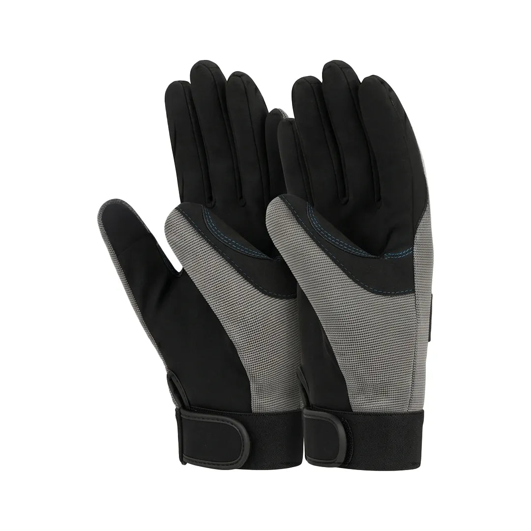 Pair of GutterProVac work gloves angled showing grey backs, black reinforced palms and wrist straps