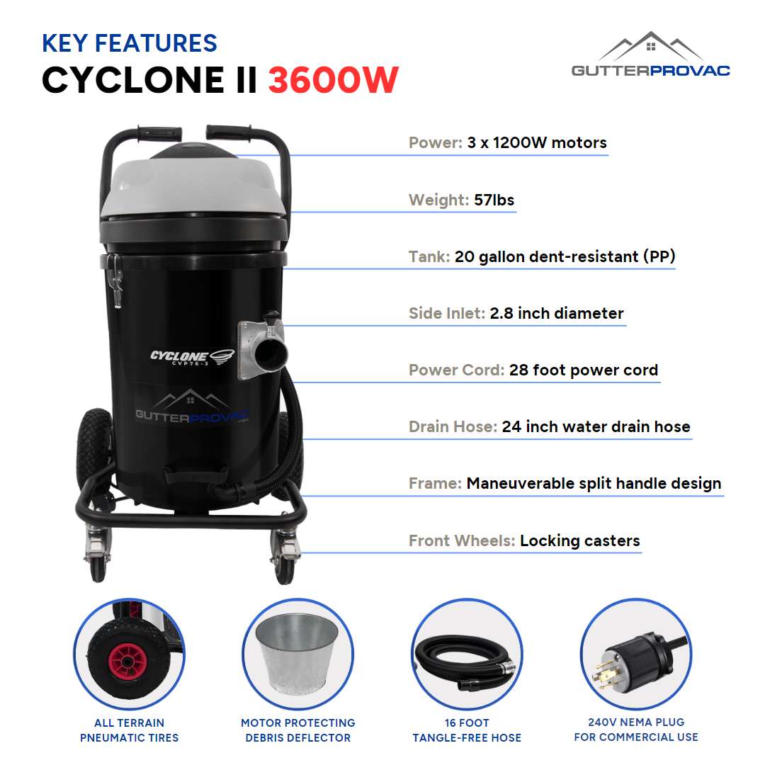 Cyclone II 3600W Polypropylene 20 Gallon Gutter Vacuum with 40 Foot Carbon Push Fit Poles and Bag Kit