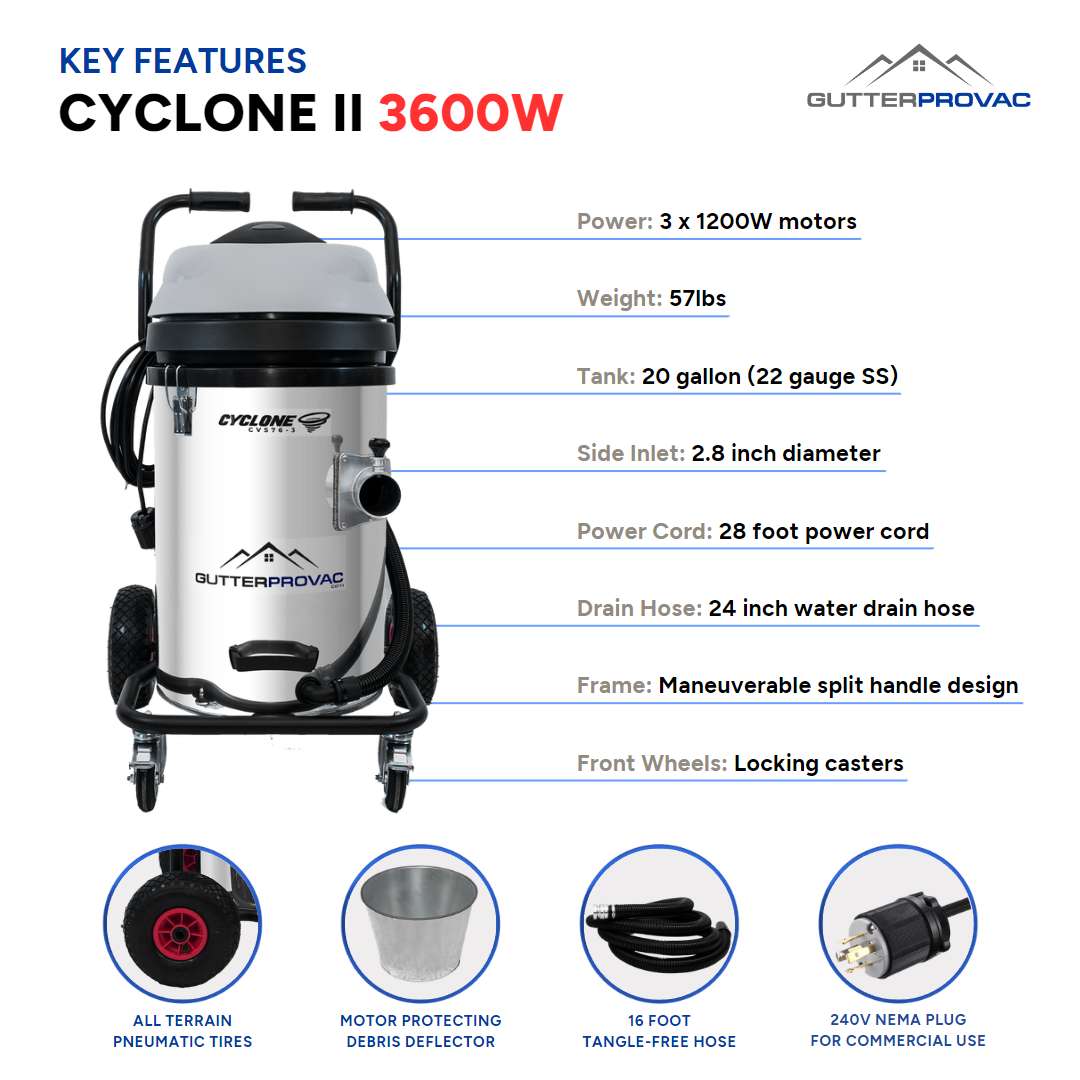 Cyclone II 3600W Stainless Steel 20 Gallon Gutter Vacuum with 20 Foot Carbon Push Fit Poles and Bag