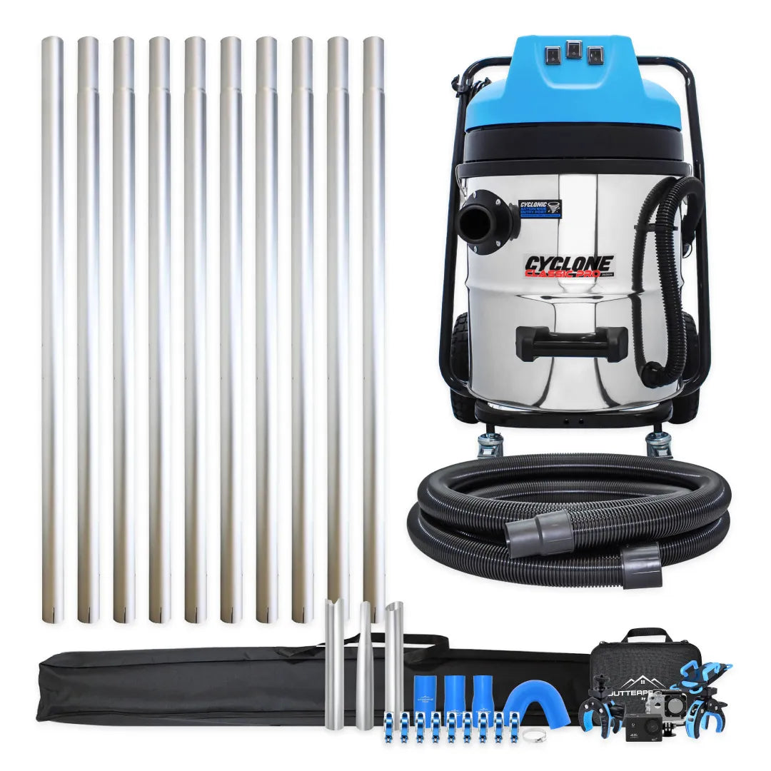 16 Gallon Cyclone Classic Pro 3600W Stainless Steel Commercial Gutter Vacuum, 40 Foot Aluminum Pole Kit, Bag & Camera