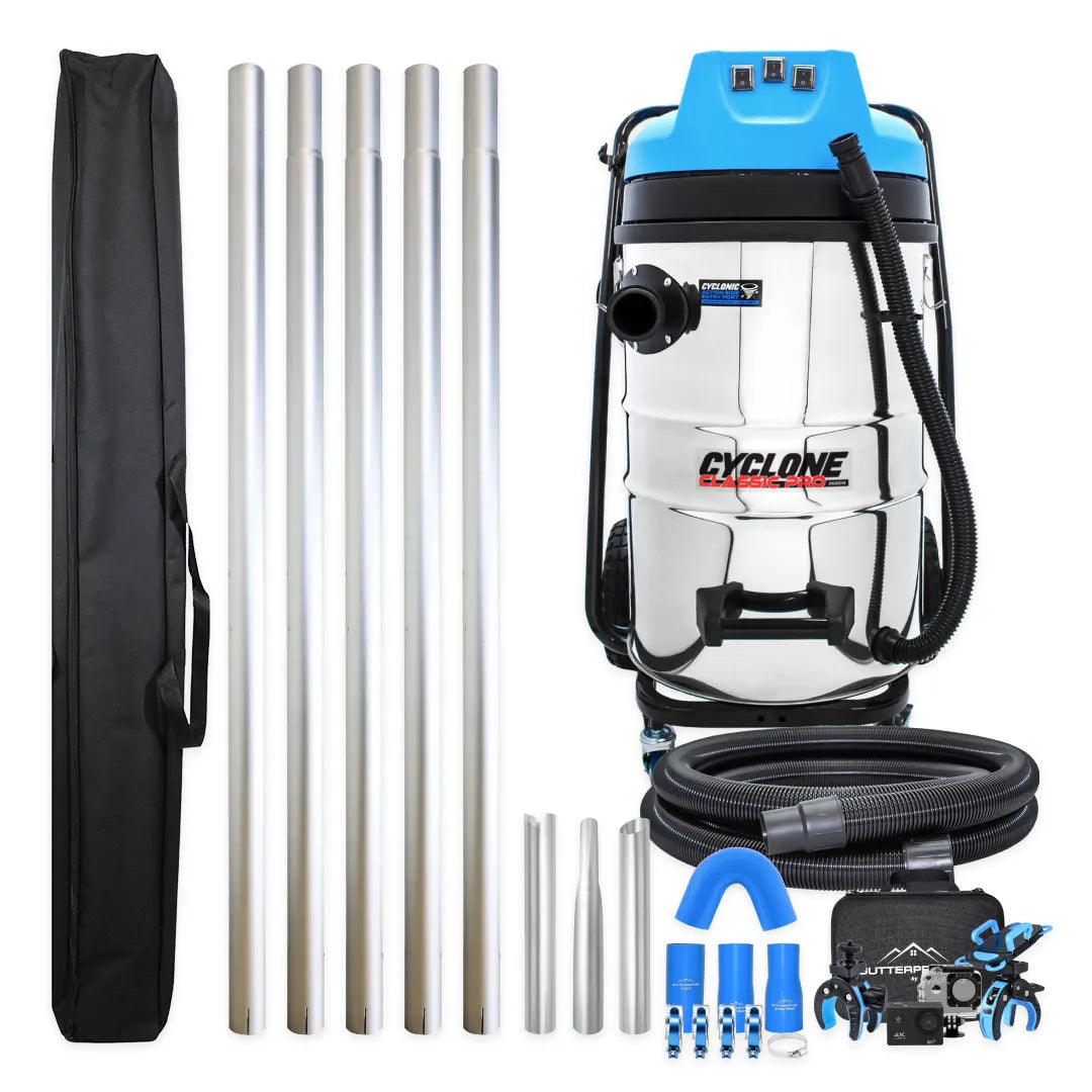 20 Gallon Cyclone Classic Pro 3600W Stainless Steel Commercial Gutter Vacuum, 20 Foot Aluminum Pole Kit, Bag and Camera