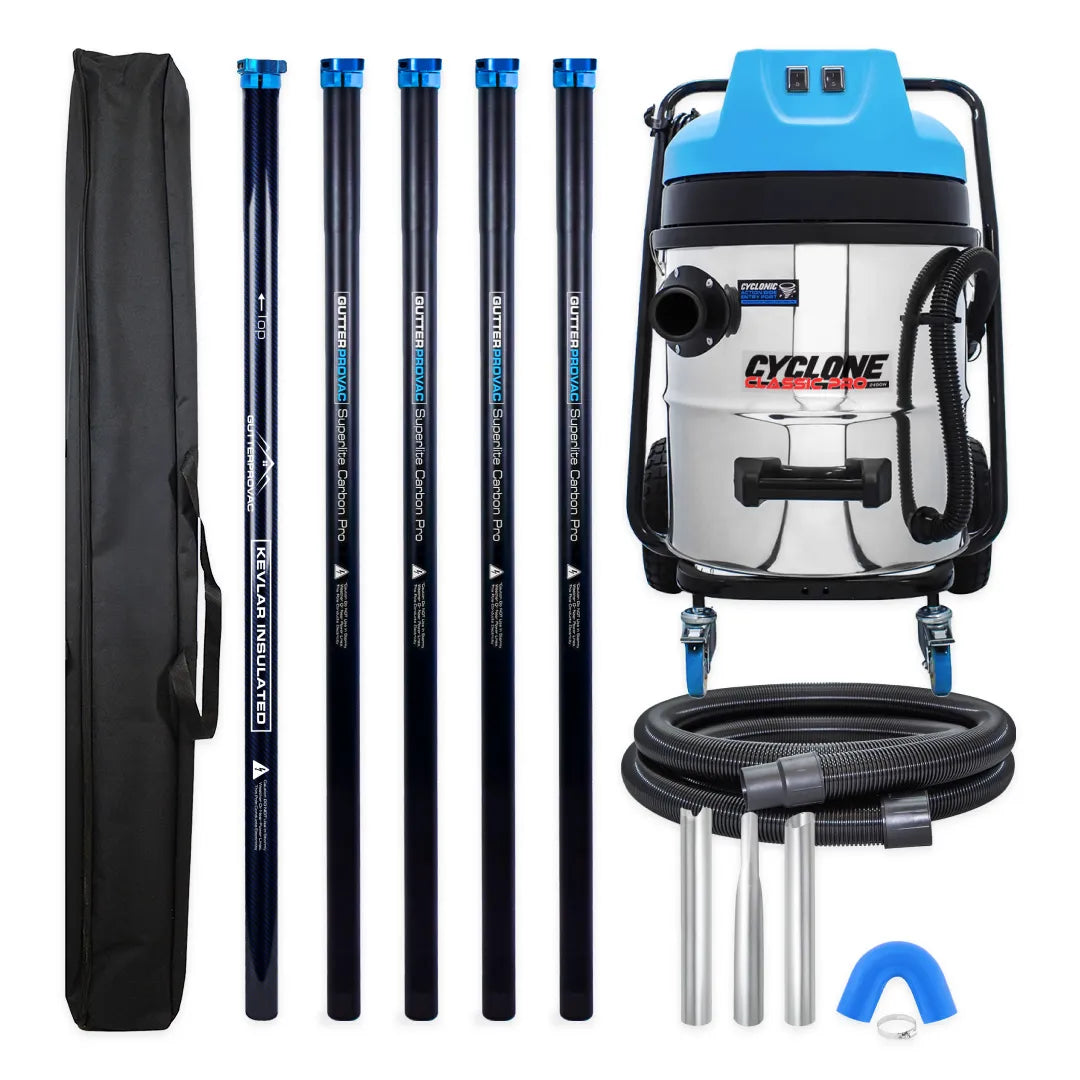 Cyclone Classic Pro 2400W 16 gallon residential gutter vacuum kit with five carbon clamping poles, carry bag, hose, nozzles and U-bend