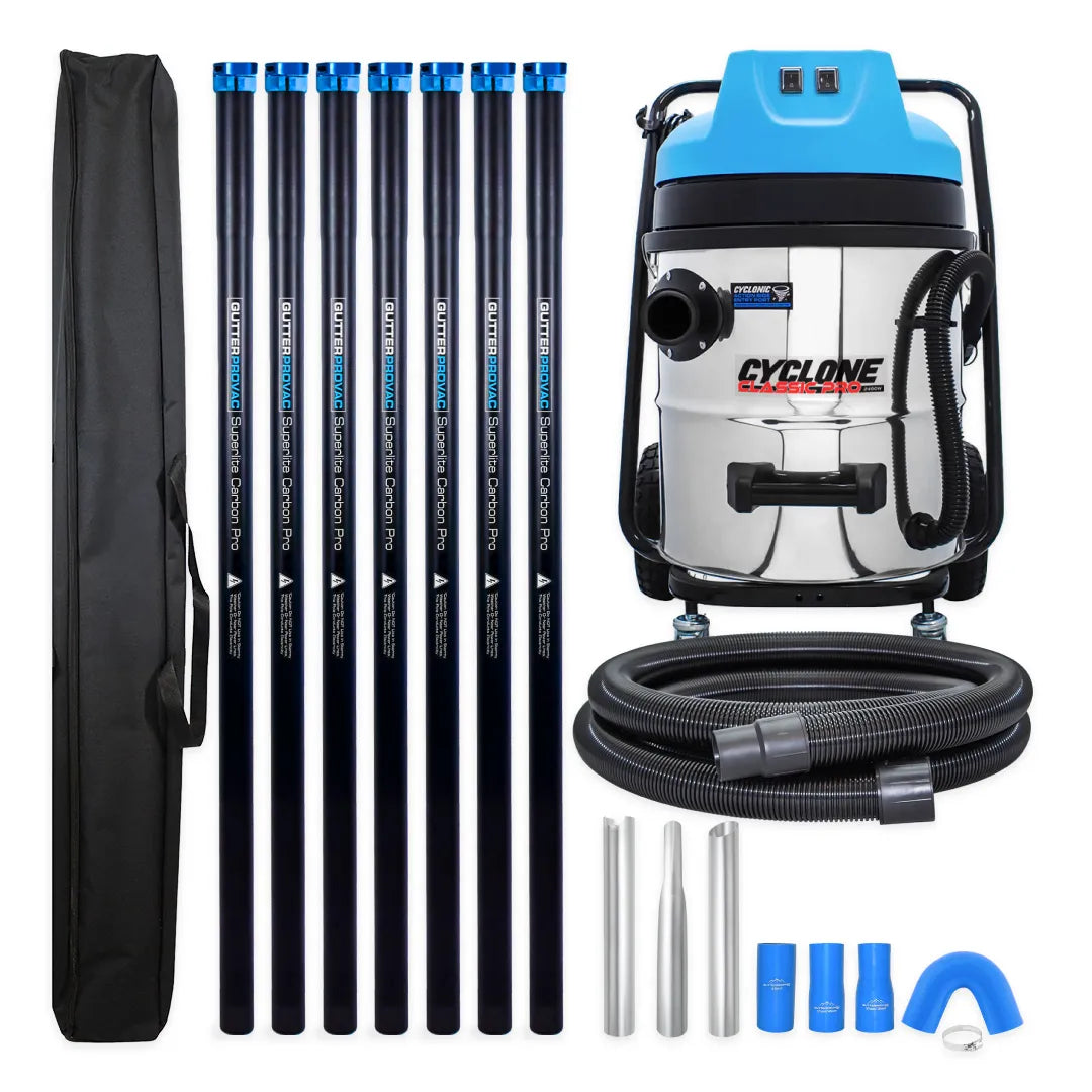Cyclone Classic Pro 16 Gallon 2400W Gutter Vacuum with 28ft Carbon Clamping Poles and Pole Bag for Residential Cleaning