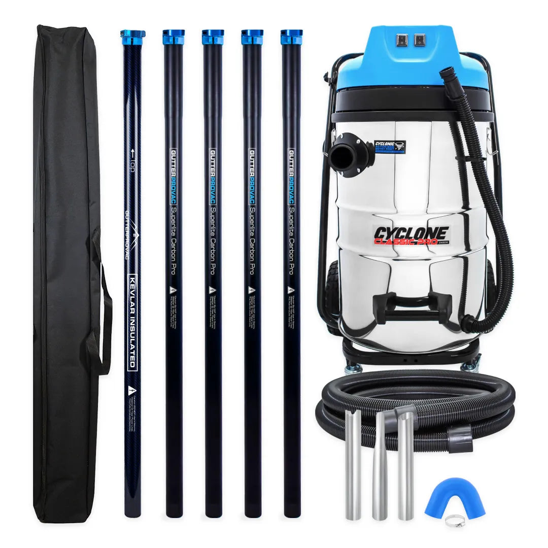 Cyclone Classic Pro 2400W 20 gallon residential gutter vacuum kit with five carbon clamping poles, carry bag, hose, nozzles and U-bend