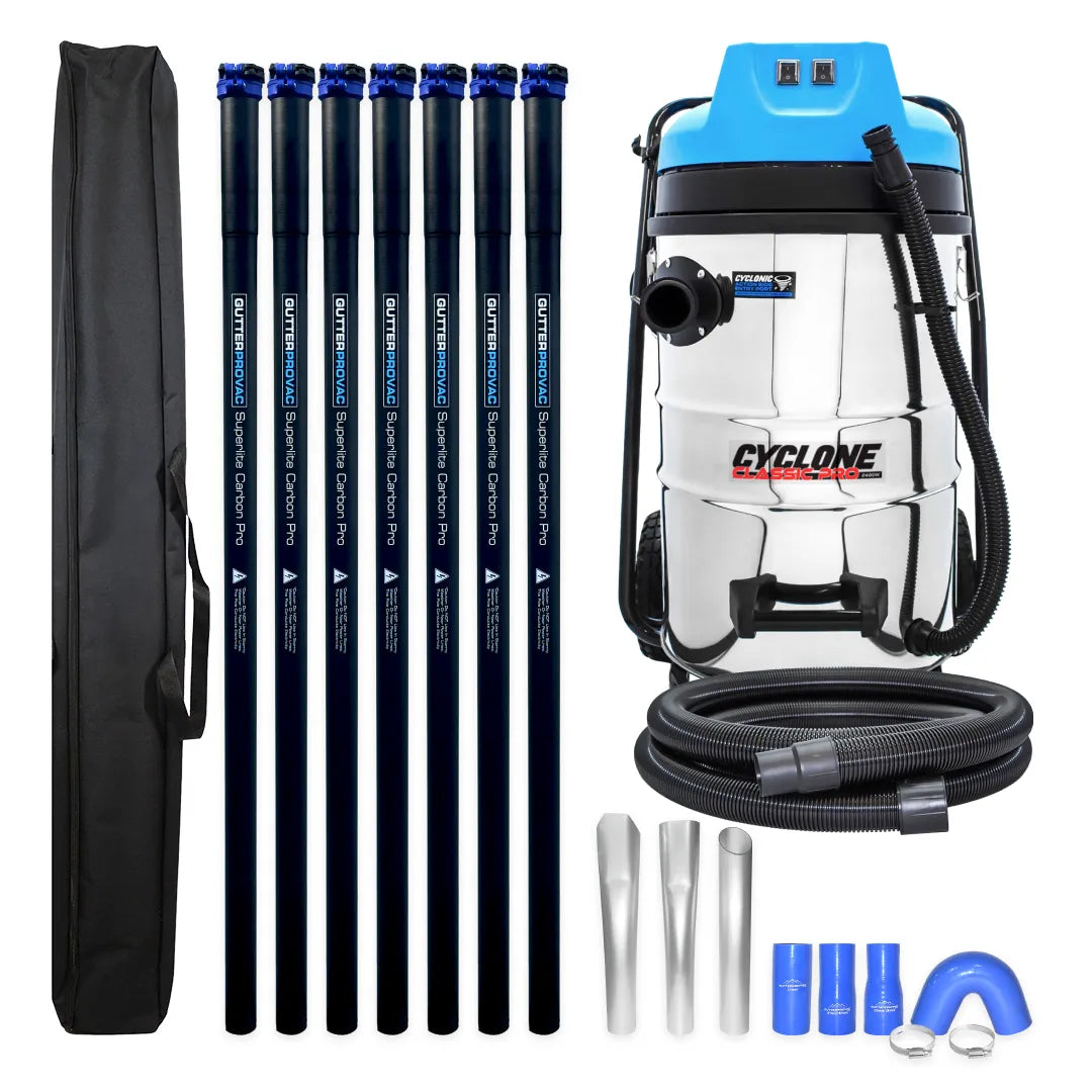 Cyclone Classic Pro 20 Gallon 2400W Residential Gutter Vacuum System with 28ft Carbon Clamping Pole Kit and Pole Bag
