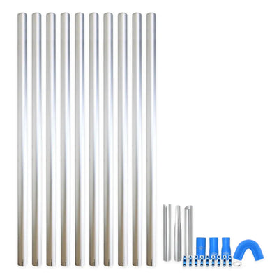 Aluminum gutter vacuum pole kit with 10 poles, blue U-bend, nozzles, clamps, and adapters