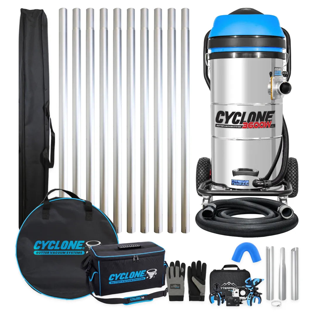 Cyclone CVS100-3 Gold Standard gutter vacuum bundle, tall stainless 3600W vacuum with ten aluminum poles, bags, hose, nozzles, gloves and camera kit