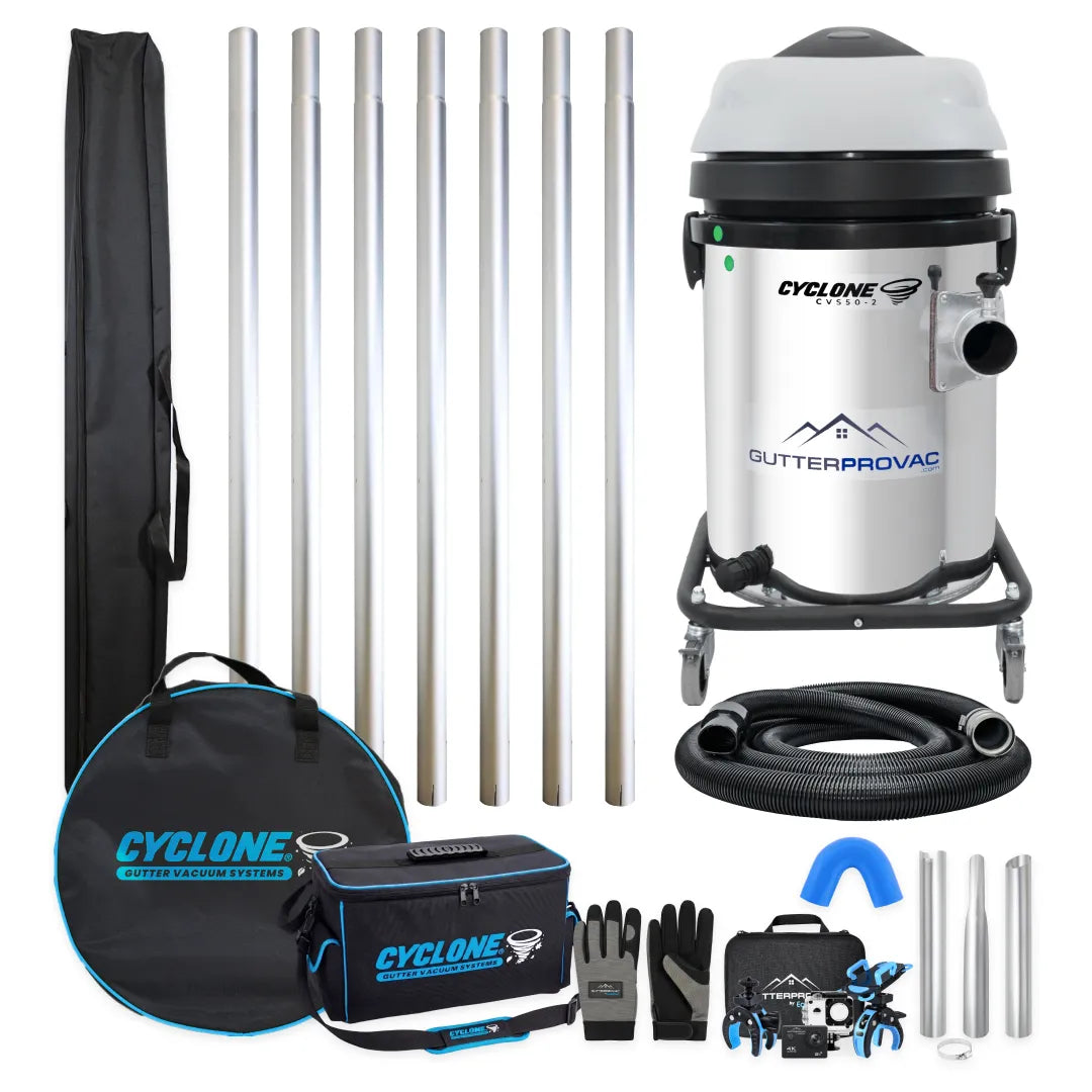 Cyclone CVS50-2 Gold Standard gutter vacuum bundle, stainless vacuum with gray lid, seven aluminum poles, bags, hose, nozzles, gloves and camera kit