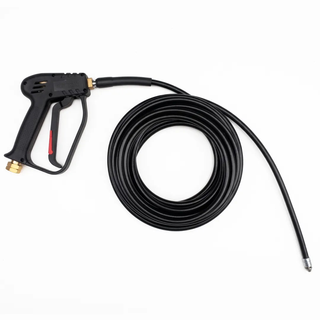 Drain Cleaning Jetter Hose & Trigger Gun Kit, 30 Foot - Retrojet Nozzle, black trigger gun attached to coiled hose with a silver nozzle end