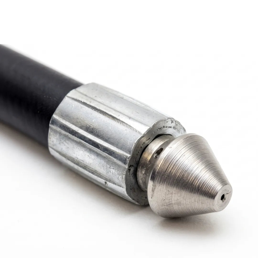 50 ft Jetter Hose and Trigger Gun - Retrojet Nozzle, 3/8" F NPT, close-up of the silver nozzle with pointed tip and side jet port