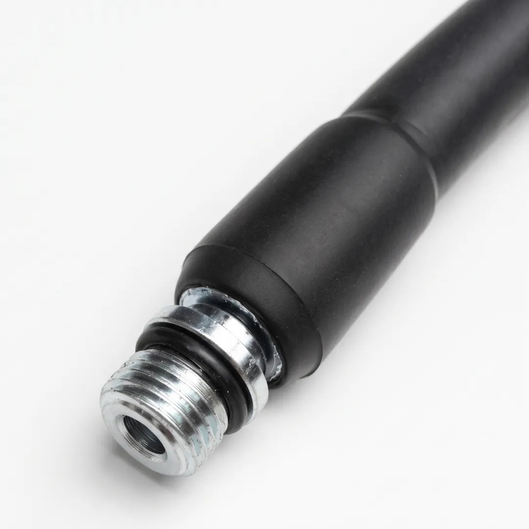 50 ft Jetter Hose and Trigger Gun - Retrojet Nozzle, 3/8" F NPT, close-up of the threaded metal hose fitting with black sleeve and O-ring