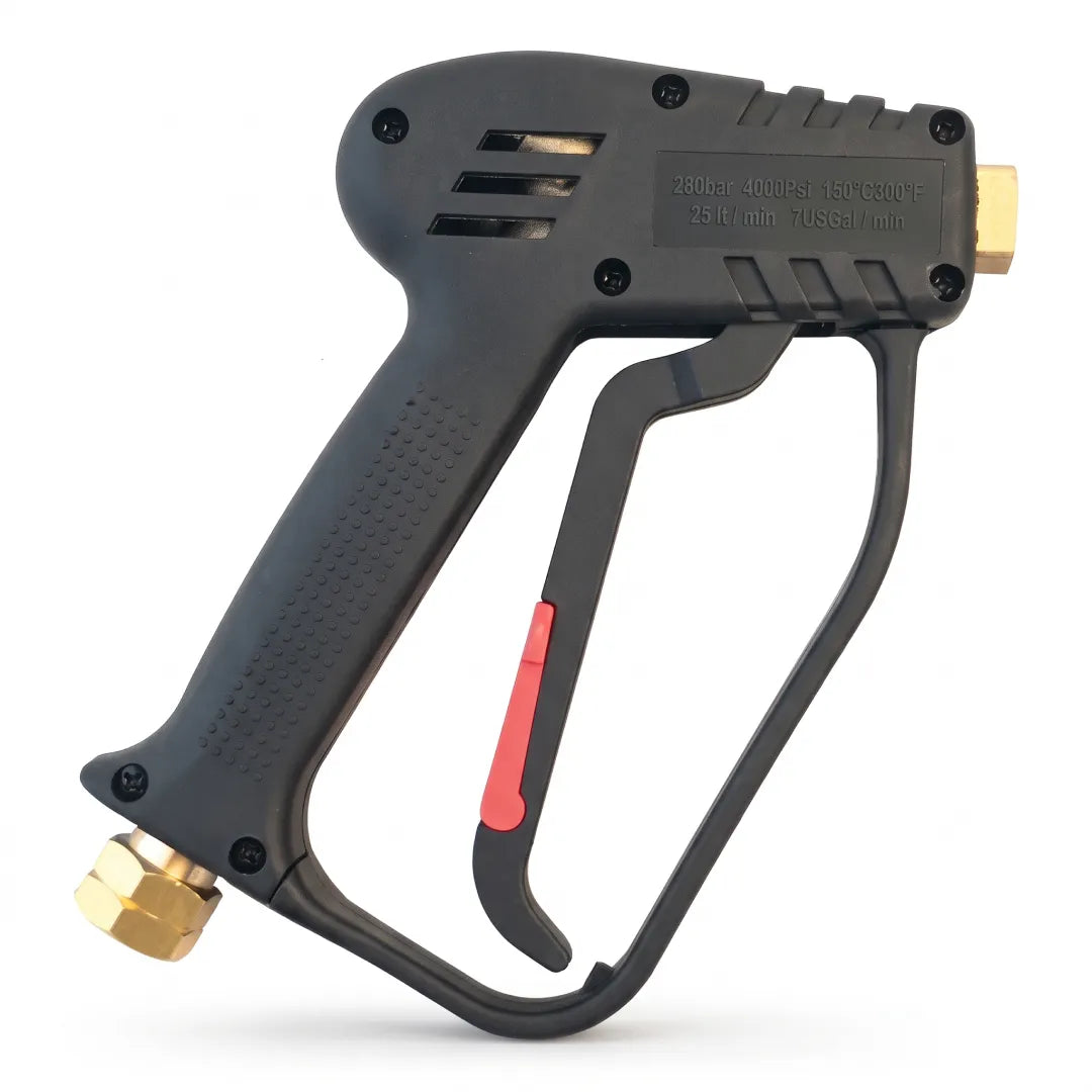 Wiggle Nozzle Drain Cleaning Hose & Trigger Gun Kit, 50 Foot - 3000 PSI, 3/8" Inlet, black trigger gun with red safety lock and brass inlet