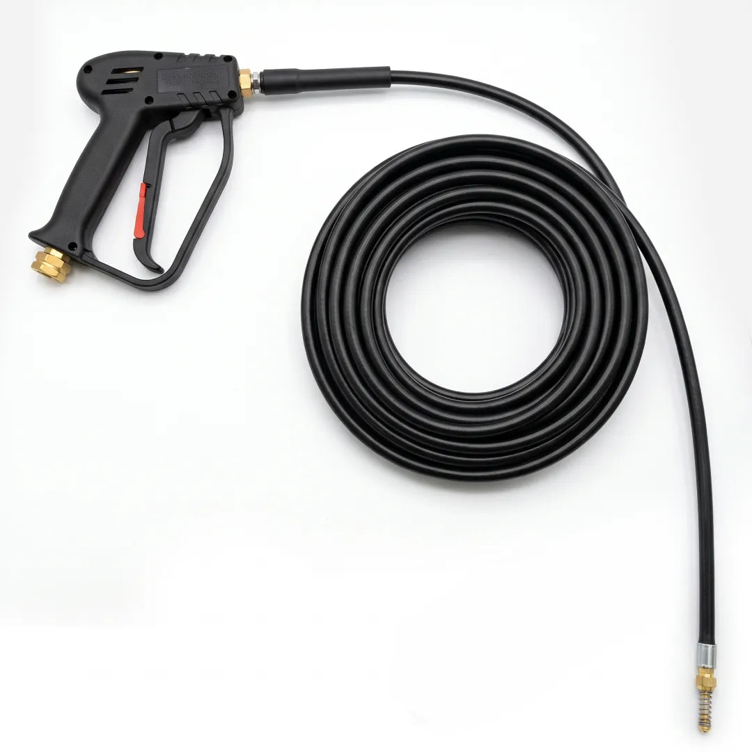 Wiggle Nozzle Drain Cleaning Hose & Trigger Gun Kit, 50 Foot - 3000 PSI, 3/8" Inlet, trigger gun attached to coiled hose and spring-wrapped nozzle
