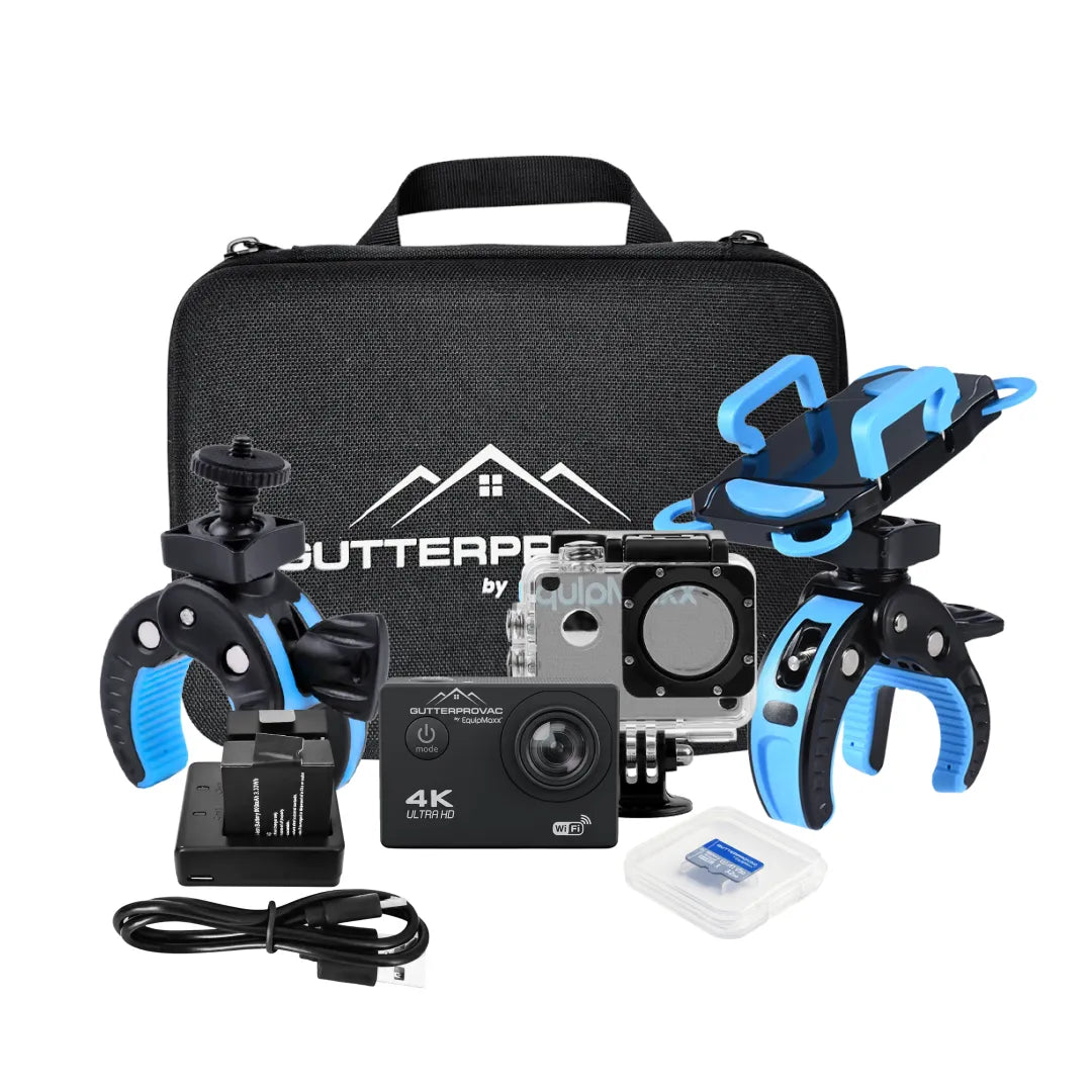 Gutterprovac 4K gutter inspection camera kit with hard case, phone holder, camera mount, charger, USB cable and microSD card