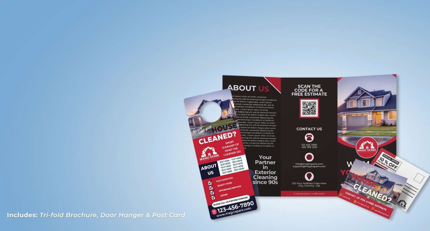 Free Marketing Collateral set including trifold brochure, door hanger and postcard.