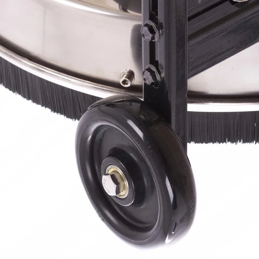 21" Stainless Steel Rotating Roof Cleaner for Pressure Washers, close-up of a black wheel, adjustable bracket and black bristle skirt