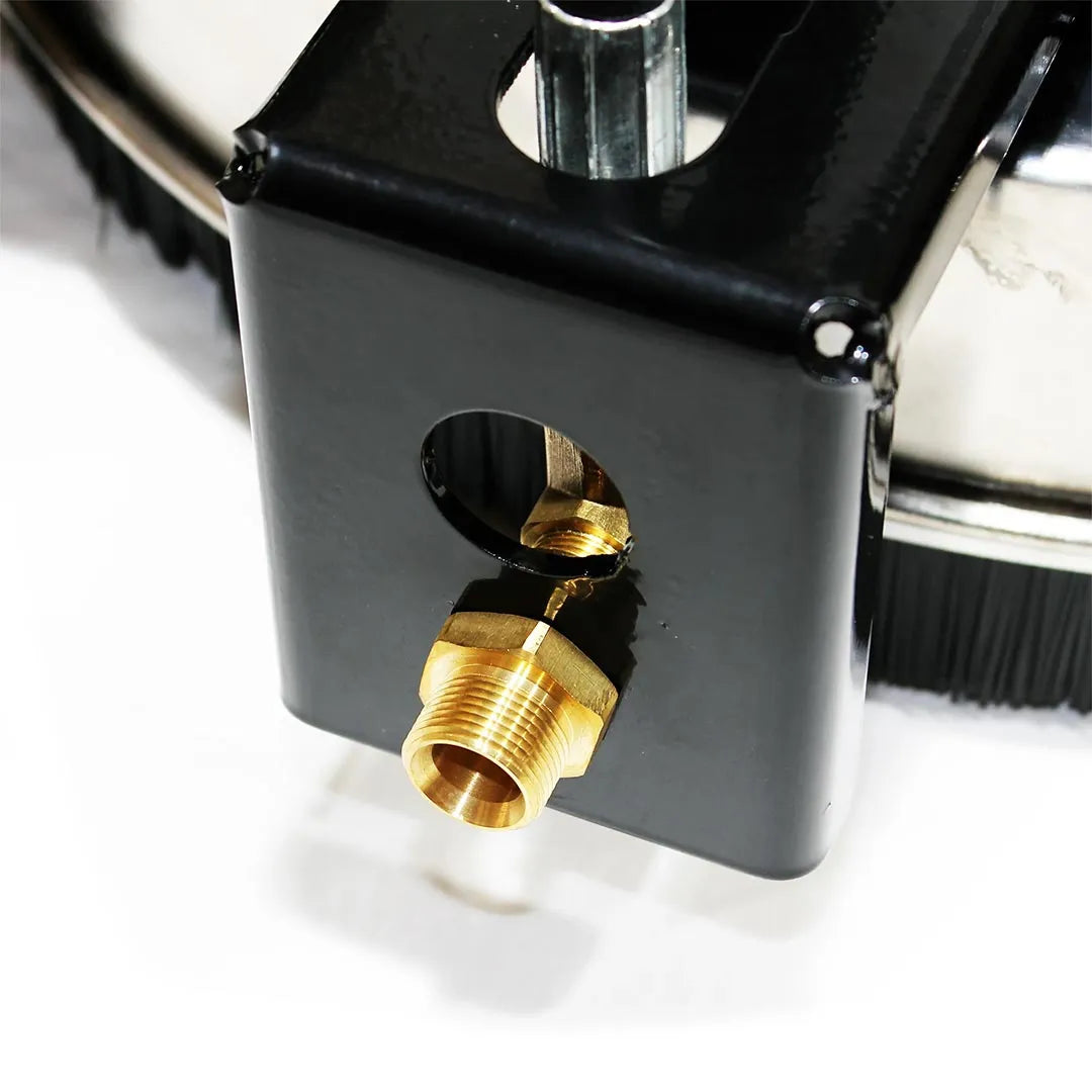 21" Stainless Steel Rotating Roof Cleaner for Pressure Washers, close-up of the brass threaded inlet mounted through the black frame