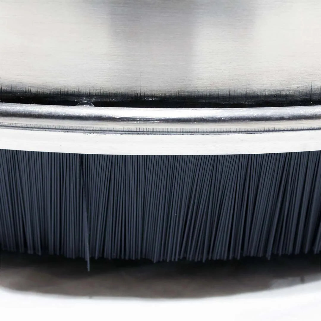 21" Stainless Steel Rotating Roof Cleaner for Pressure Washers, close-up of the dense black bristle skirt around the steel deck edge