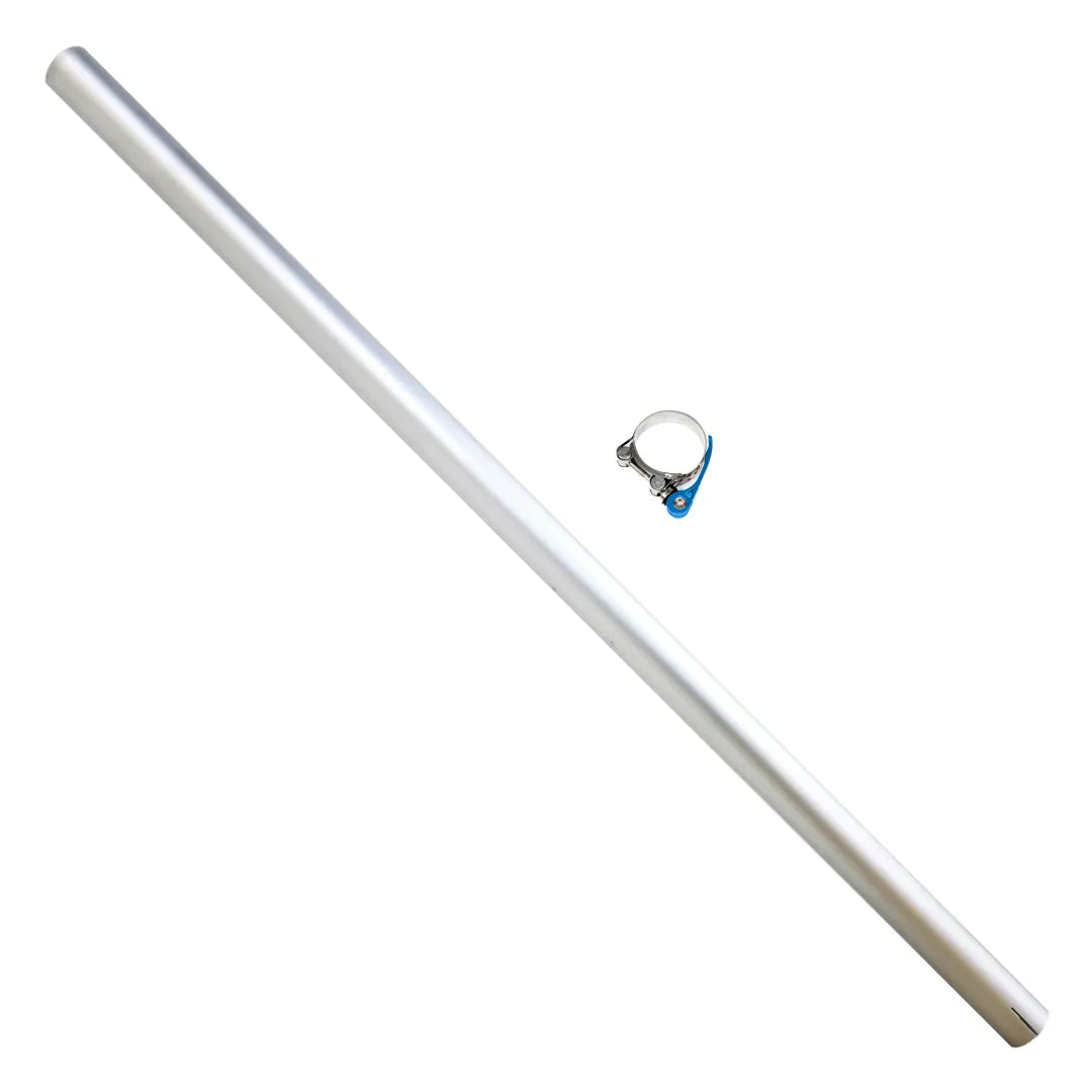 A single aluminum gutter pole with a separate blue quick-release pole clamp on a white background.