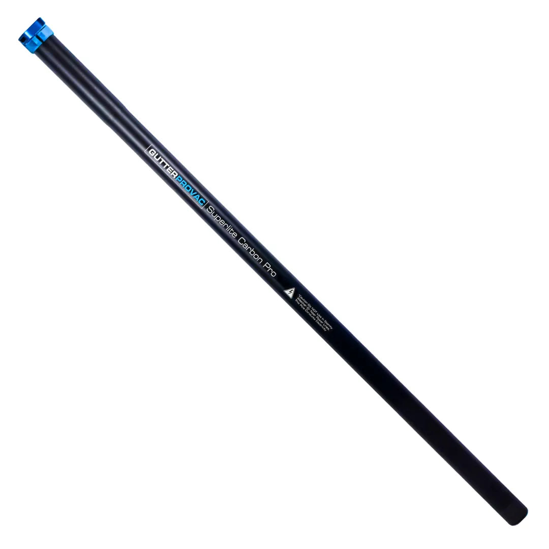 A single black carbon-fiber GutterProVac Carbon gutter cleaning pole with a prominent blue clamp and branding text, isolated on a white background.