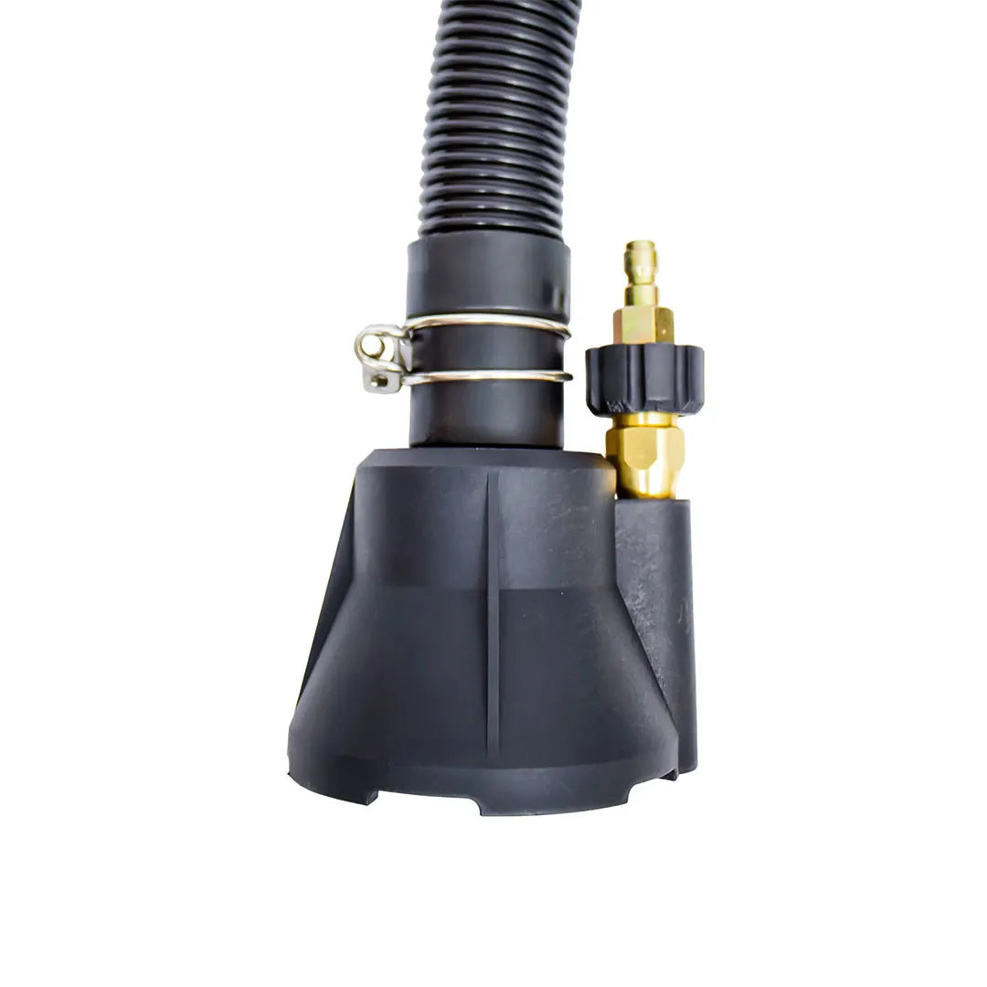 Sludge Sucker for High-Volume Water & Slurry Transfer - Pressure Washer Attachment, side view of intake head with hose clamp and brass quick connector