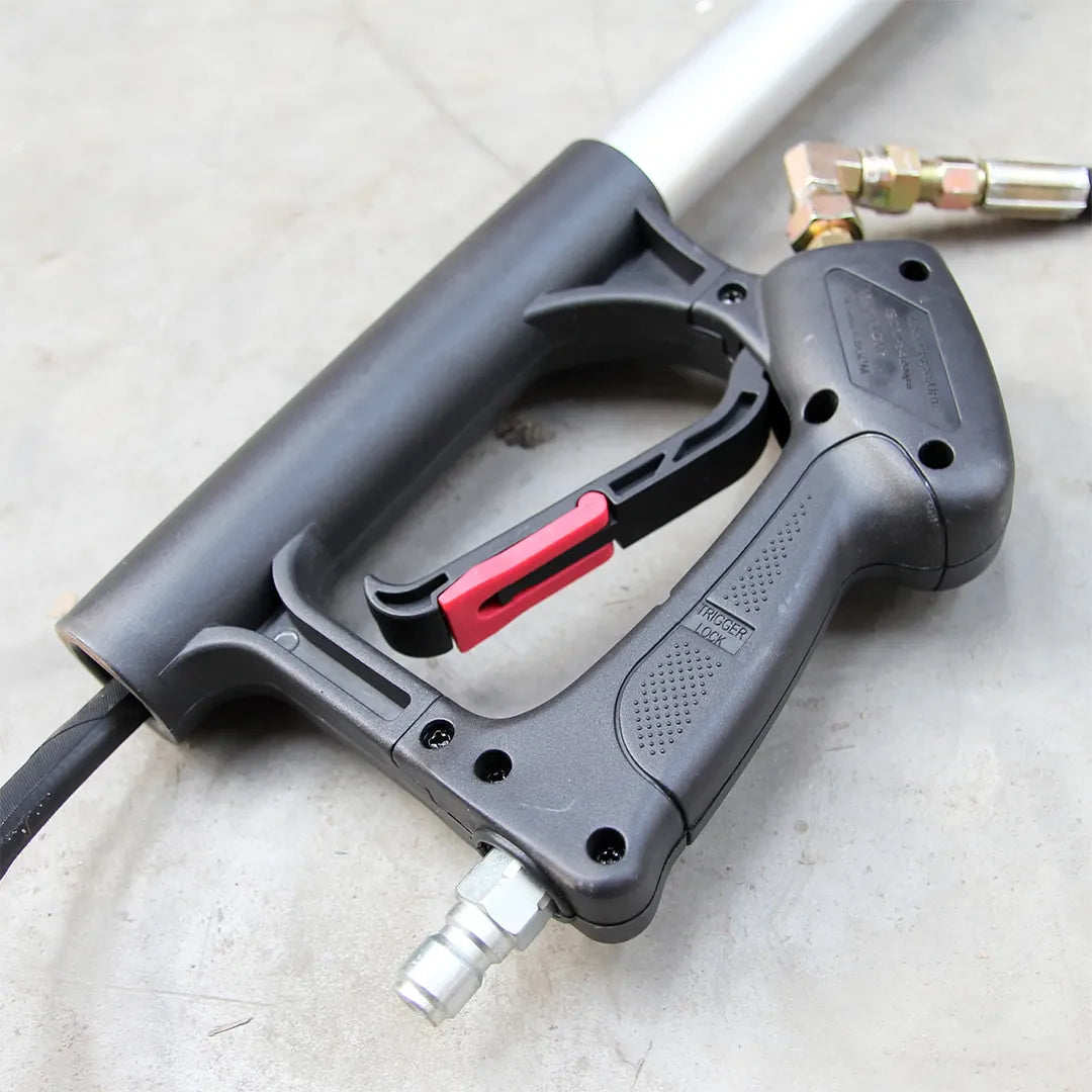 24 ft Aluminum Telescoping Pressure Washer Wand with Trigger Gun & Belt, black trigger gun with red safety lock and metal hose fittings