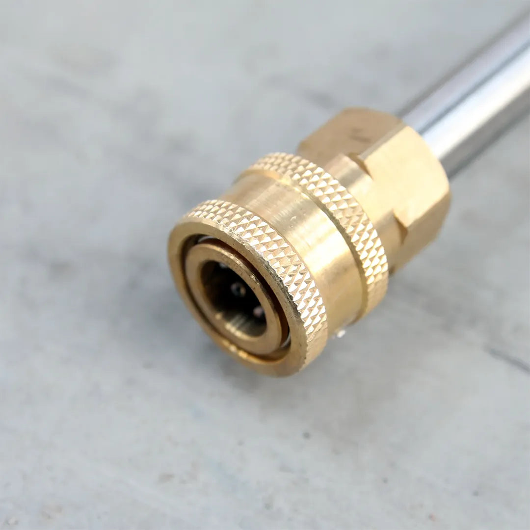 24 ft Aluminum Telescoping Pressure Washer Wand with Trigger Gun & Belt, close-up of the brass quick-connect coupler on the curved wand tip