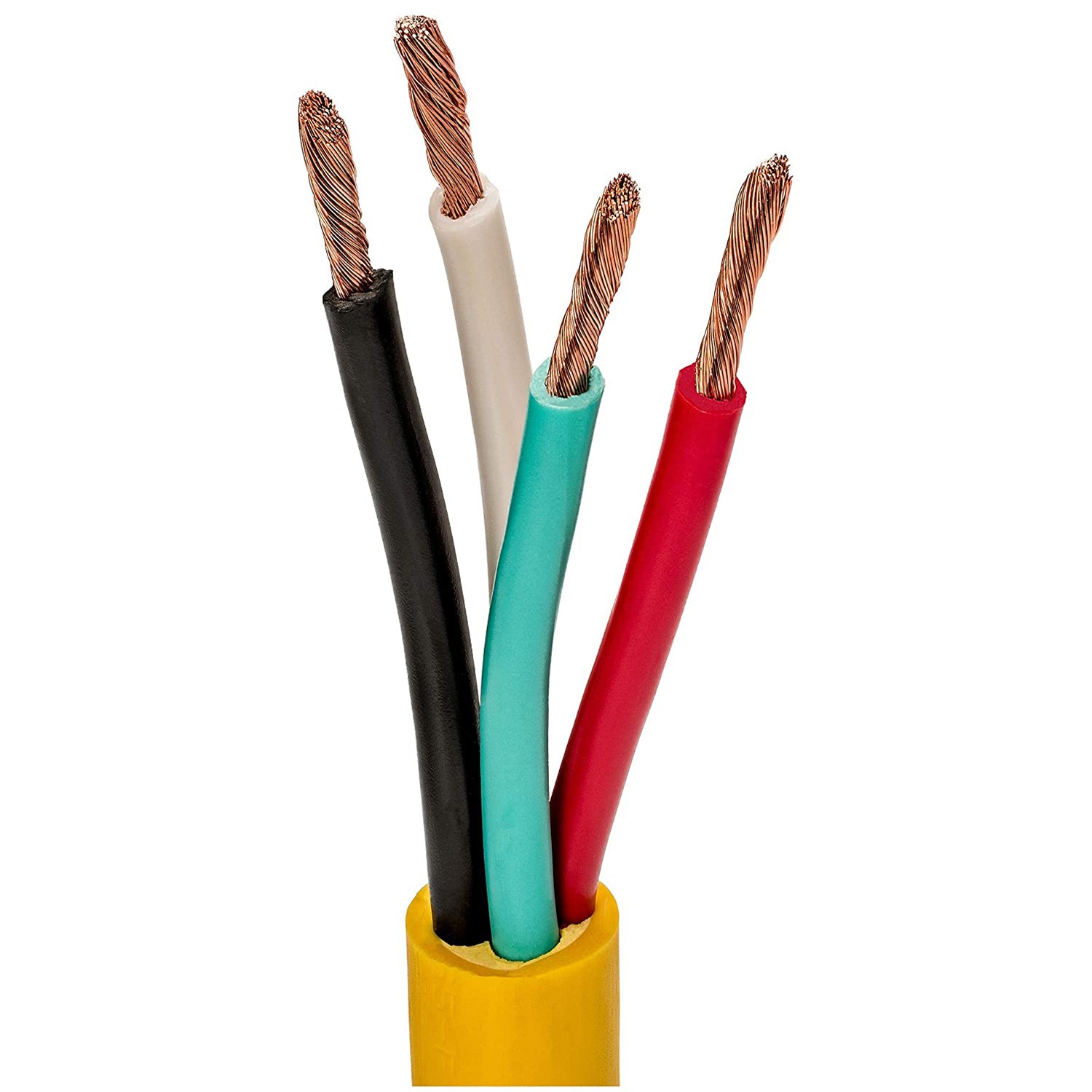 Close-up of four-core power cable with black, white, teal, and red insulated wires inside yellow sheath