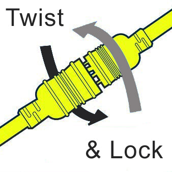 Illustration showing twist and lock mechanism for secure connector attachment on yellow power cord