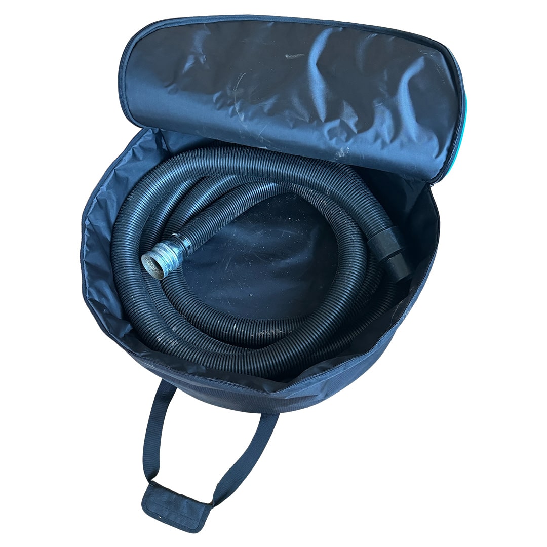 Front-angled view of open Cyclone storage bag with coiled black vacuum hose and visible carry handle
