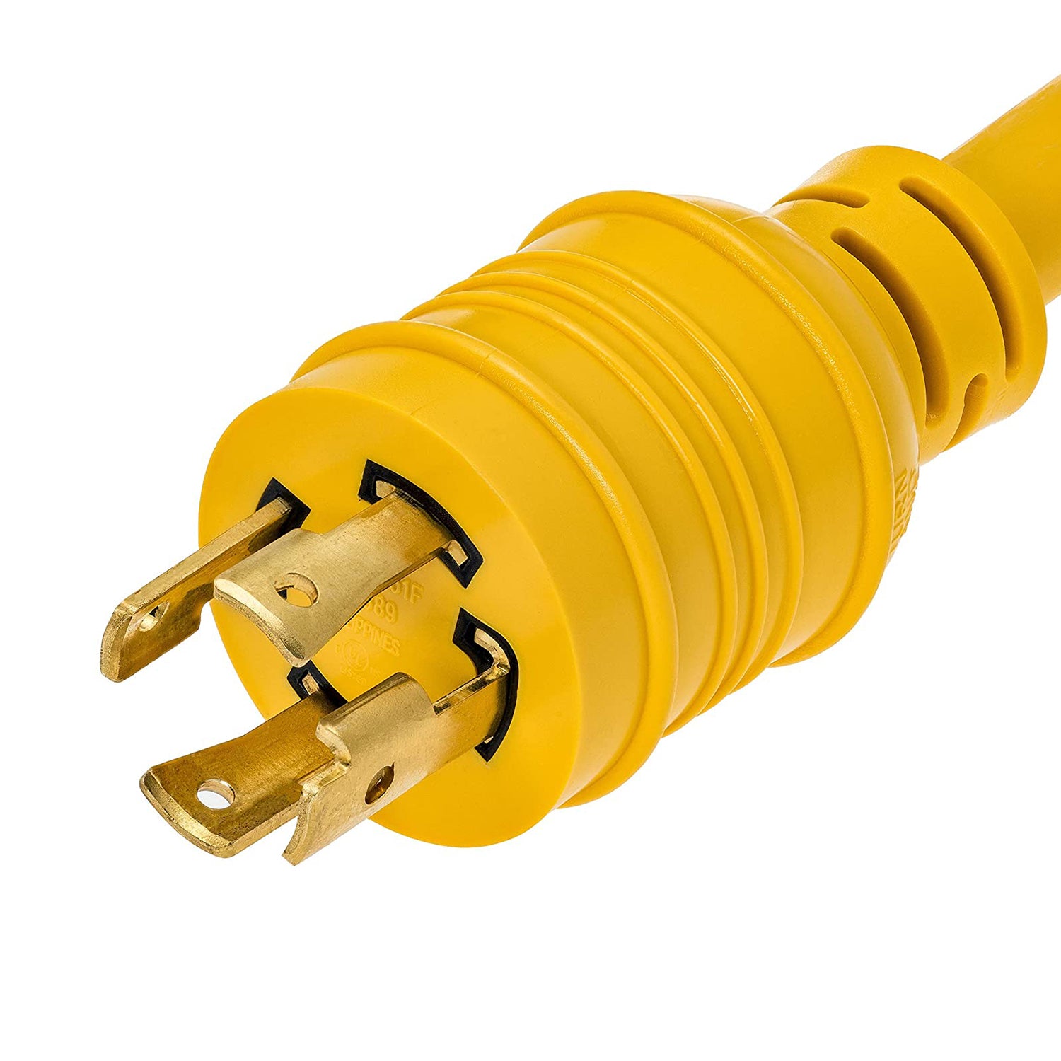 Close-up of yellow NEMA 4-prong twist-lock male power connector for heavy-duty cables