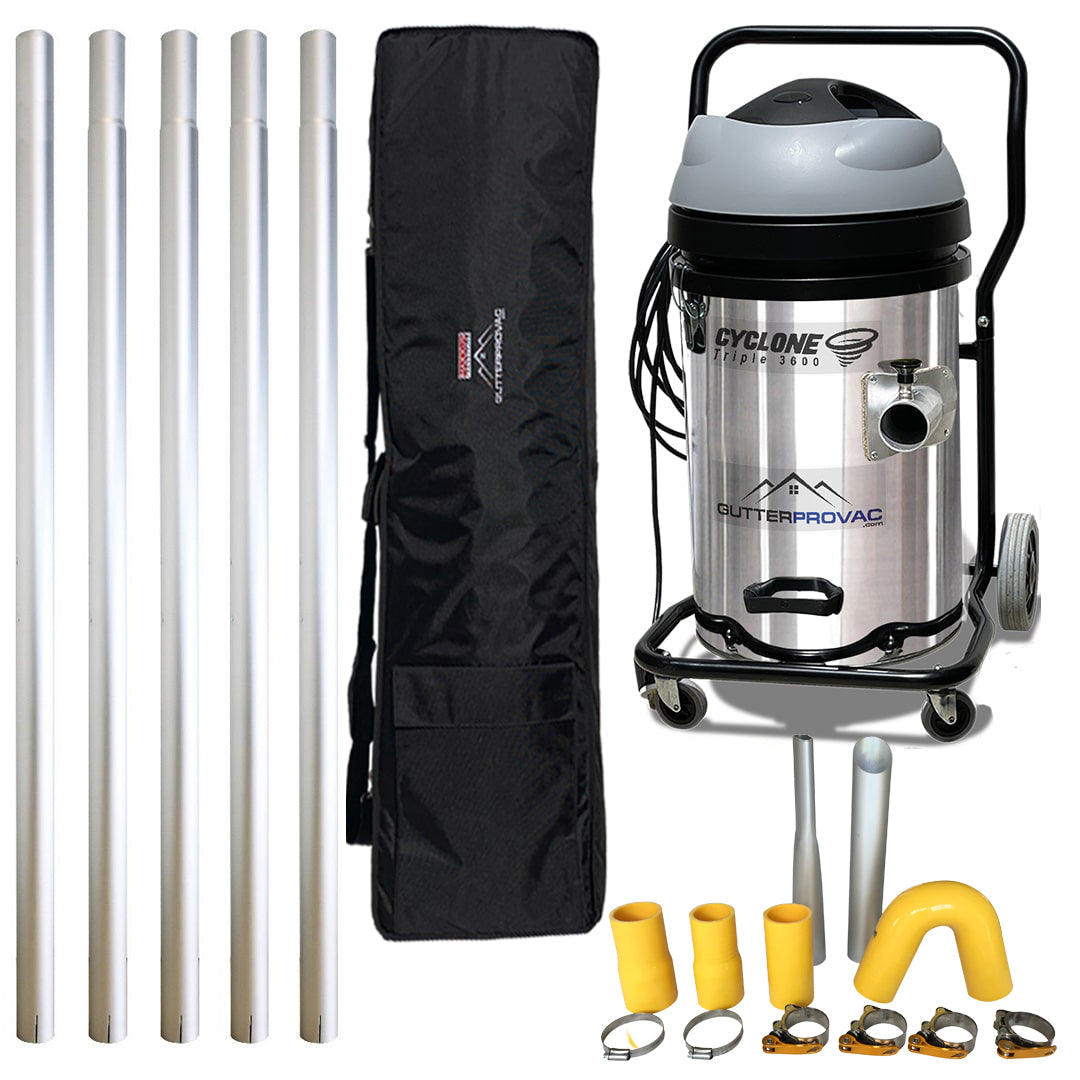 Cyclone Triple 3600 Gutter Vacuum (20gal) with 20 foot Aluminum Gutter Poles and Bag