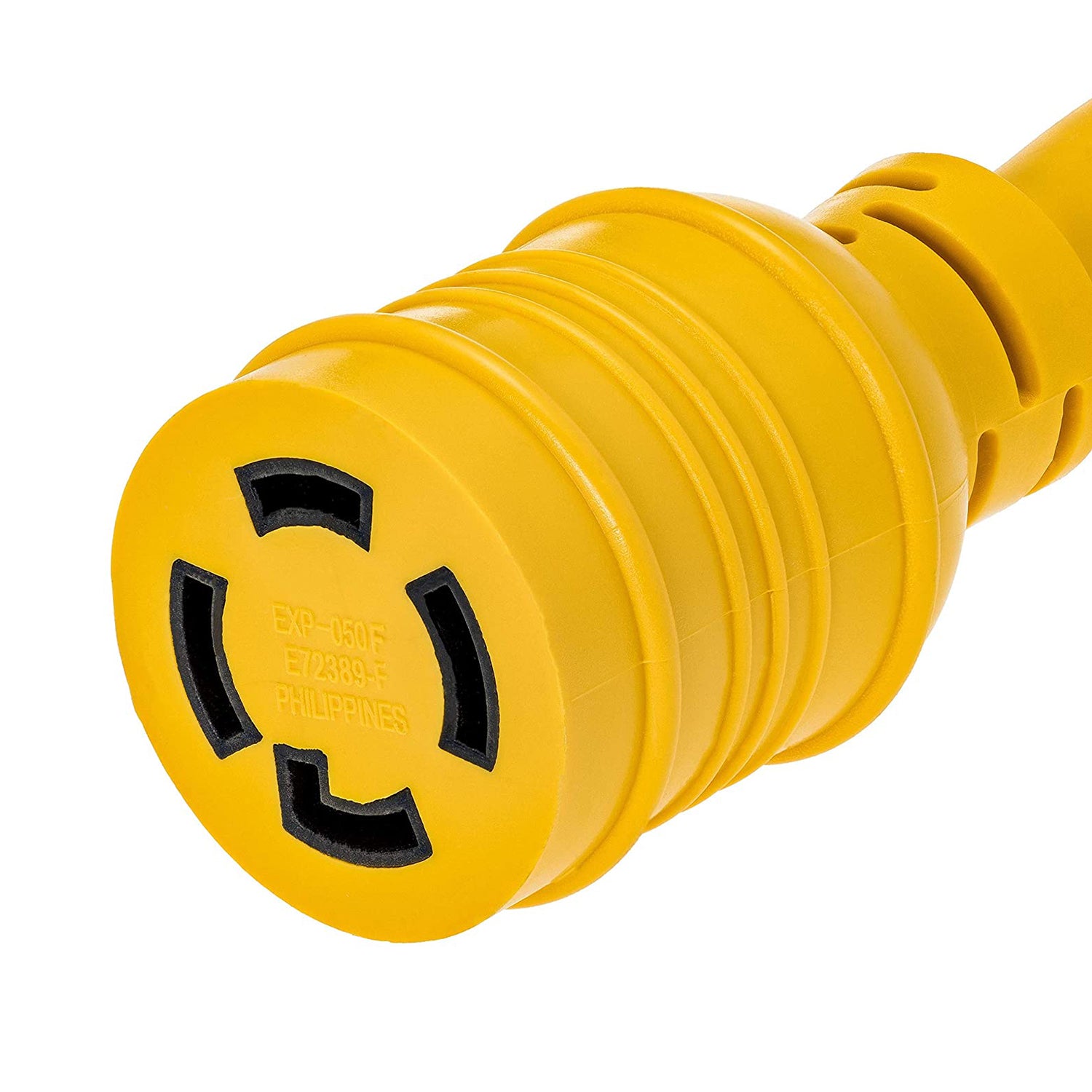 Close-up of yellow NEMA 4-prong twist-lock female socket for commercial extension cords