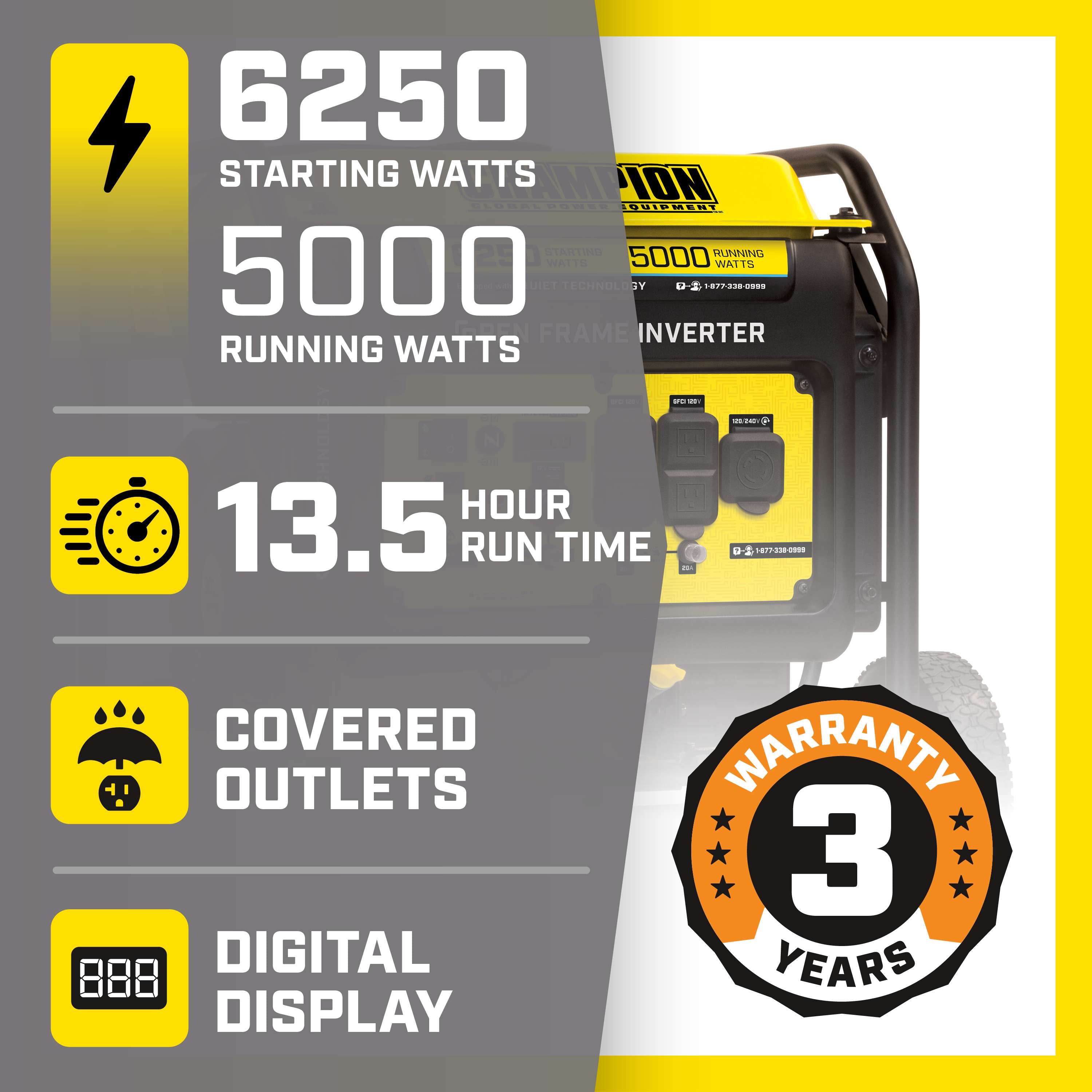Champion 6250-Watt Open Frame Inverter Generator with Quiet Technology